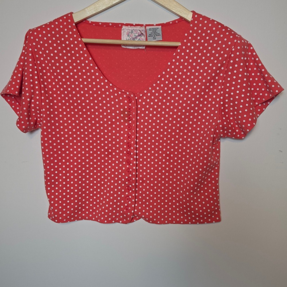 Au Courant Polka Dot Button Front V-Neck Crop Top Red White Size Medium